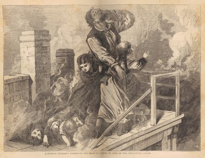 A family trapped on the roof of a house during the Chicago Fire of 1871 from Great Fires in Chicago and the West by Rev. E. J. Goodspeed, c.1871 by American School